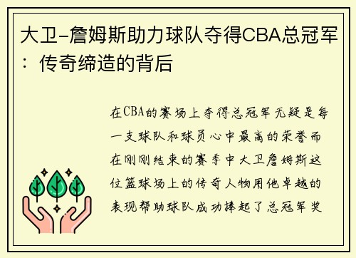 大卫-詹姆斯助力球队夺得CBA总冠军：传奇缔造的背后